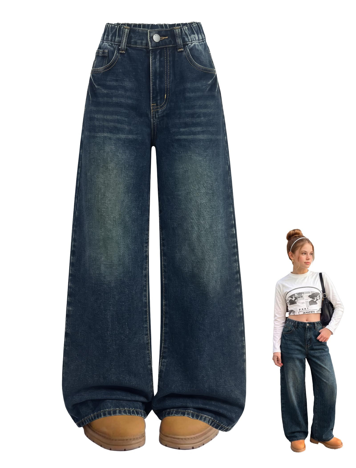 Girls Baggy Jeans Wide Leg Washed Denim Pants with Pockets 7-14Y