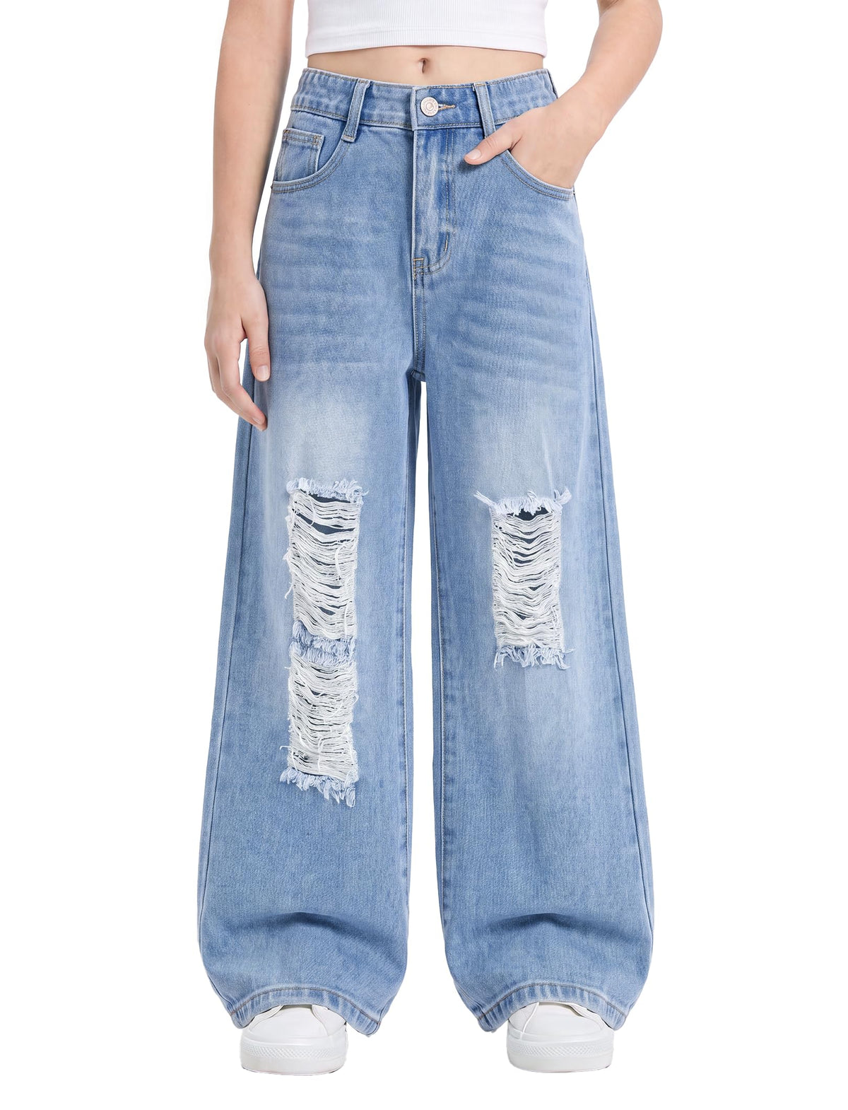 PATPAT Girls Baggy Ripped Jeans 5-14Y, Elastic Waist Wide Leg Denim Pants