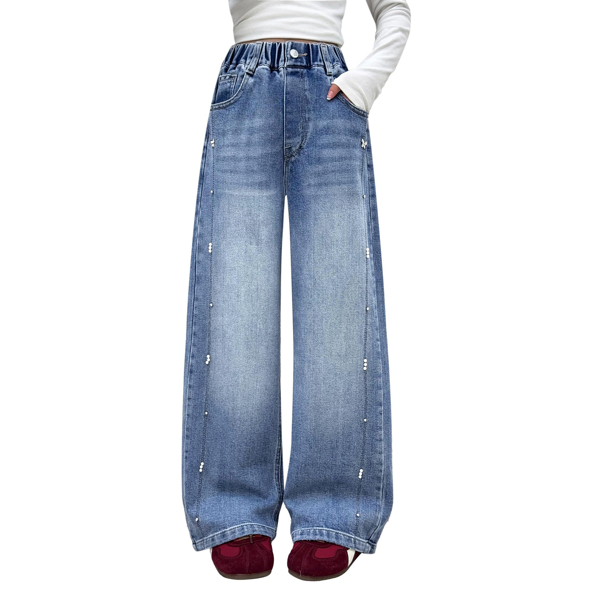 Rolanko Girls Jeans Denim Elastic Wasit Wide Leg Baggy Pants Kids Clothes 4-14 Years
