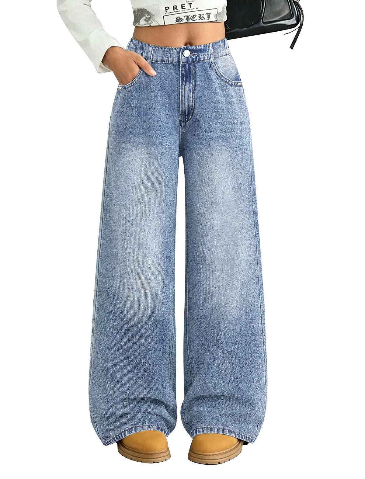 Girls Baggy Jeans Wide Straight Leg High Elastic Waisted Denim Pants Fashion Y2k Boyfriend Skater Streetwear