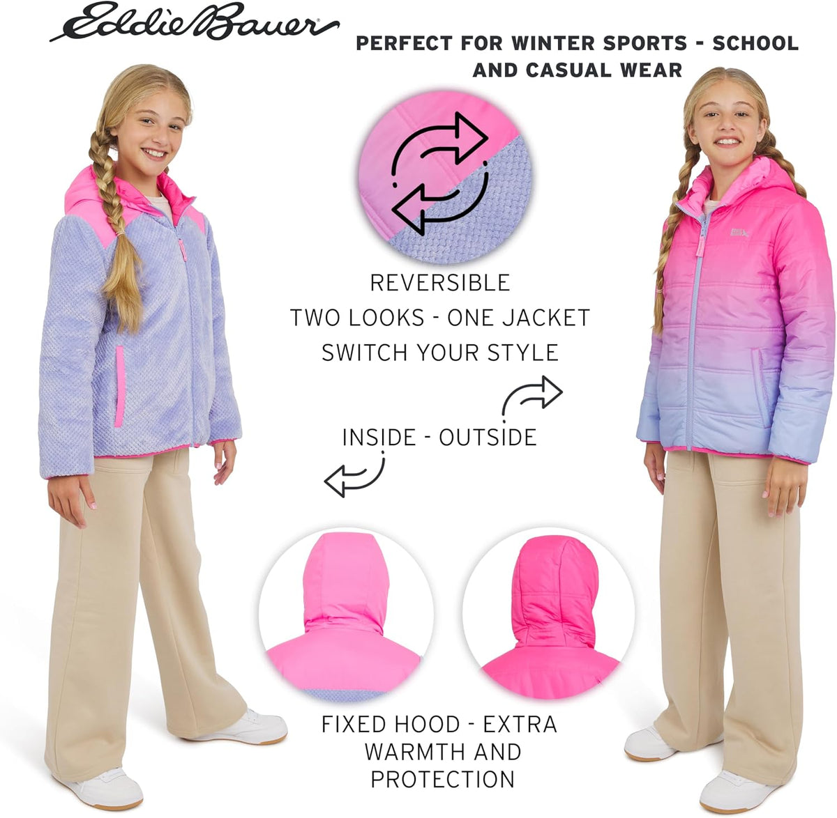 Eddie Bauer Girls' Deer Harbor Reversible Faux Fur Lined Insulated Puffer Jacket