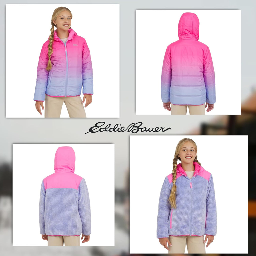 Eddie Bauer Girls' Deer Harbor Reversible Faux Fur Lined Insulated Puffer Jacket