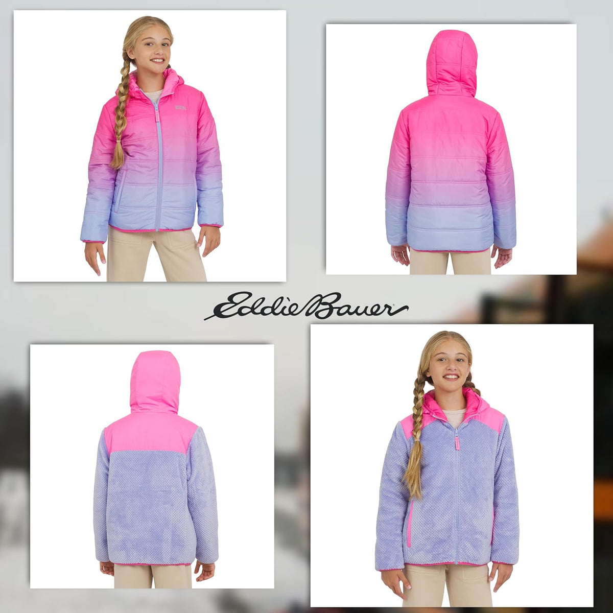 Eddie Bauer Girls' Deer Harbor Reversible Faux Fur Lined Insulated Puffer Jacket