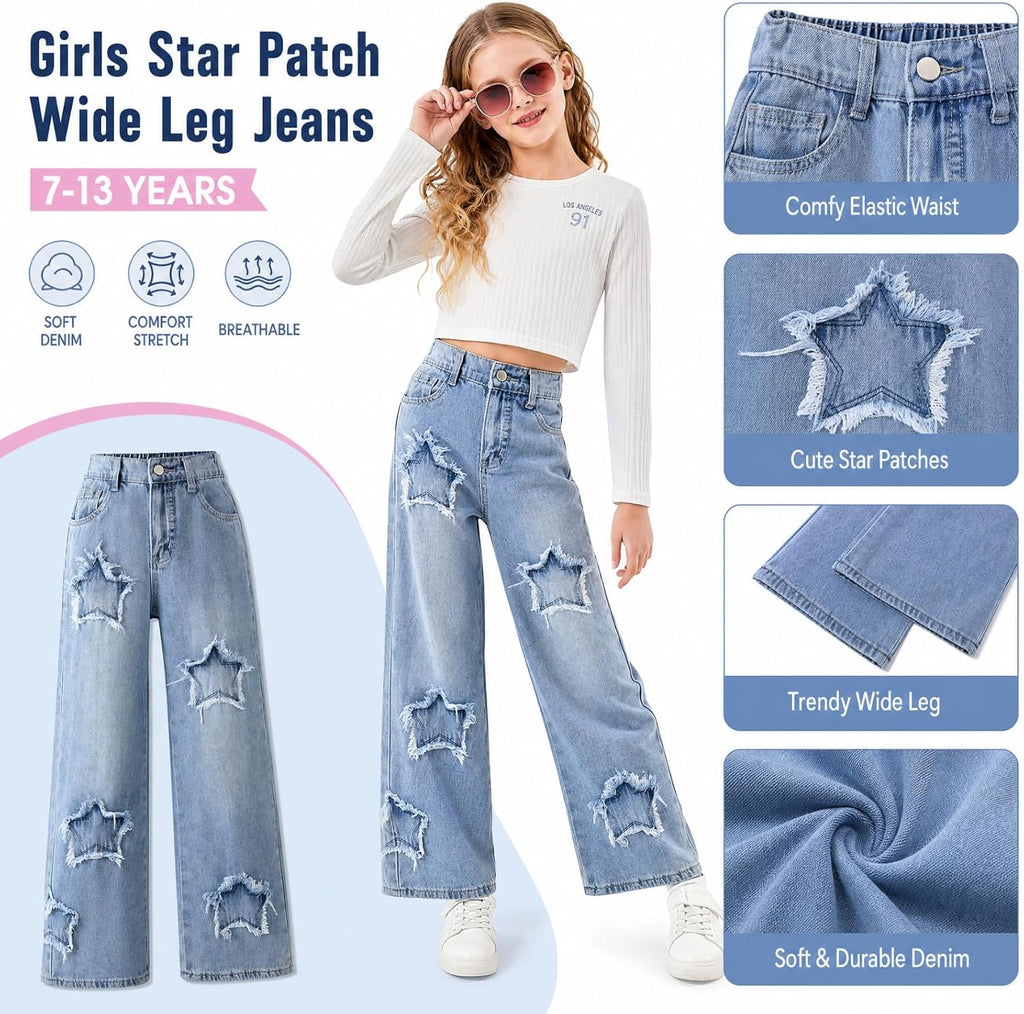 Girls Baggy Ripped Jeans Wide Straight Leg High Waisted Denim Pants 7-14Y