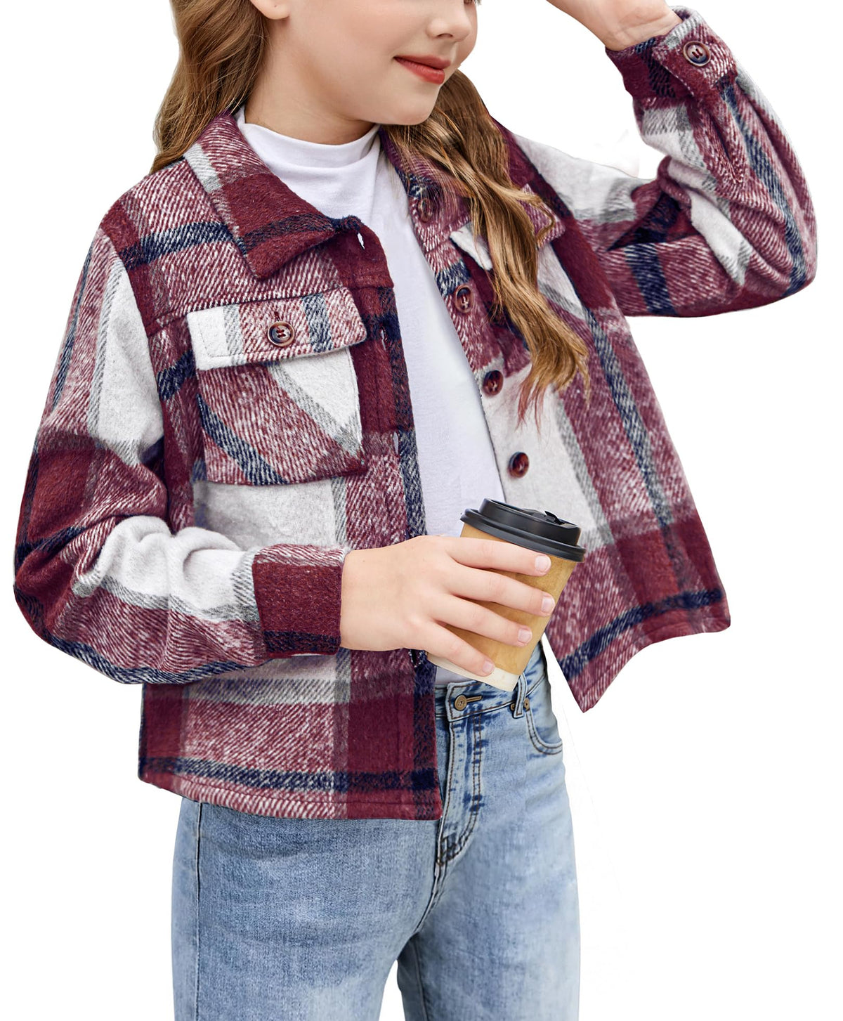 Arshiner Girls Flannel Fall Cropped Shacket Plaid Jacket Casual Coat