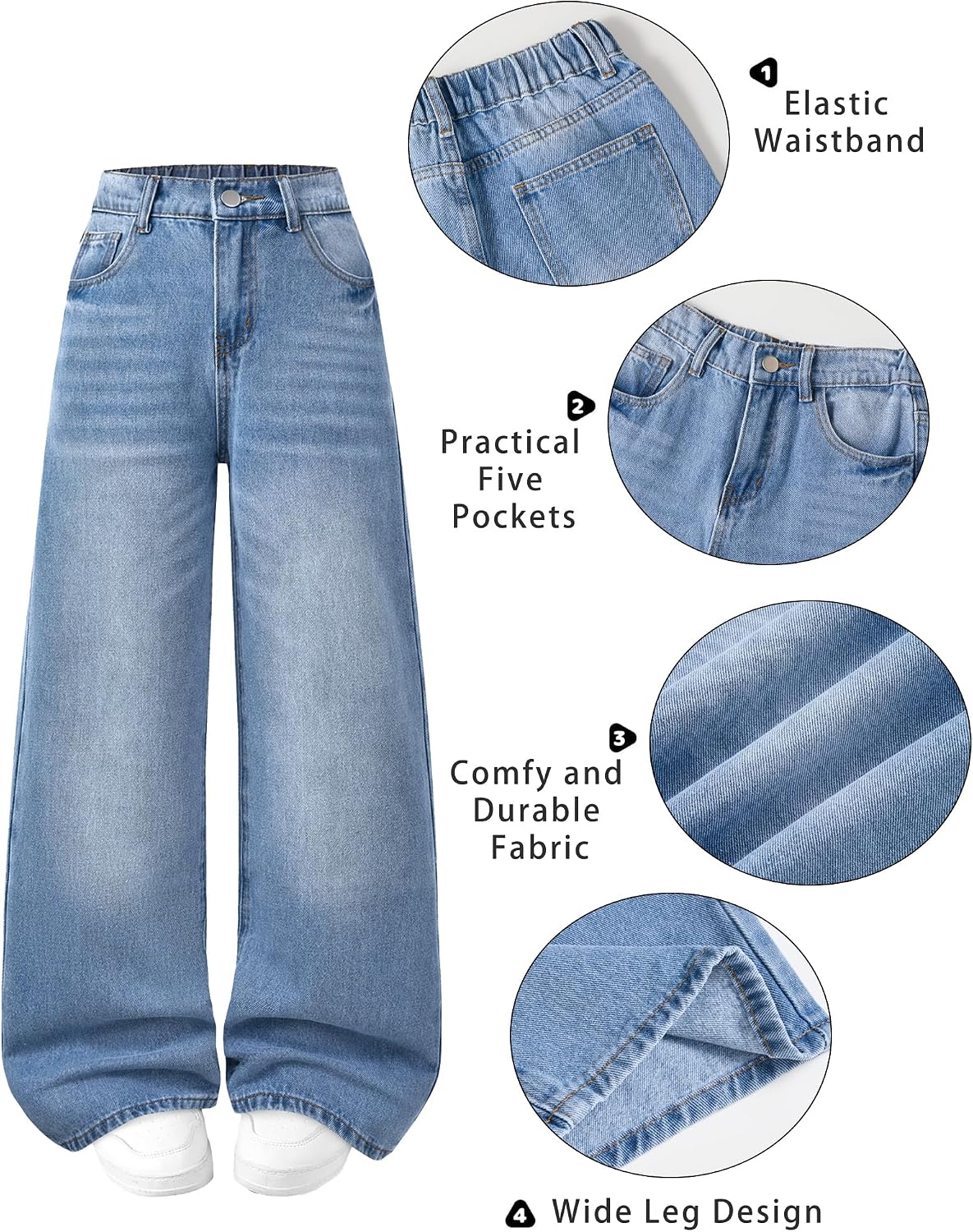 Jeans for Girls Baggy Wide Leg High Waisted Y2K Denim Pants 7-14Y