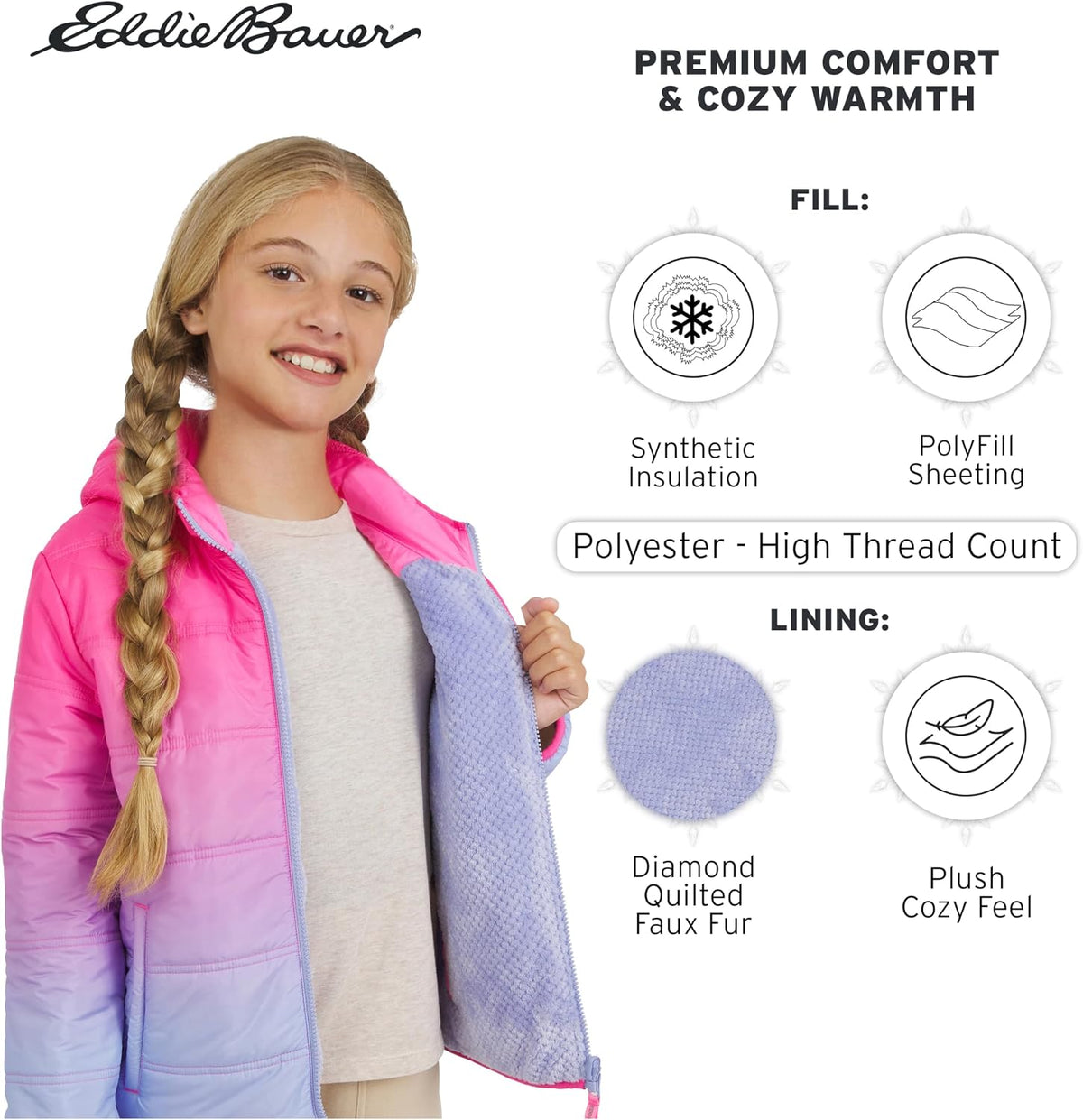 Eddie Bauer Girls' Deer Harbor Reversible Faux Fur Lined Insulated Puffer Jacket