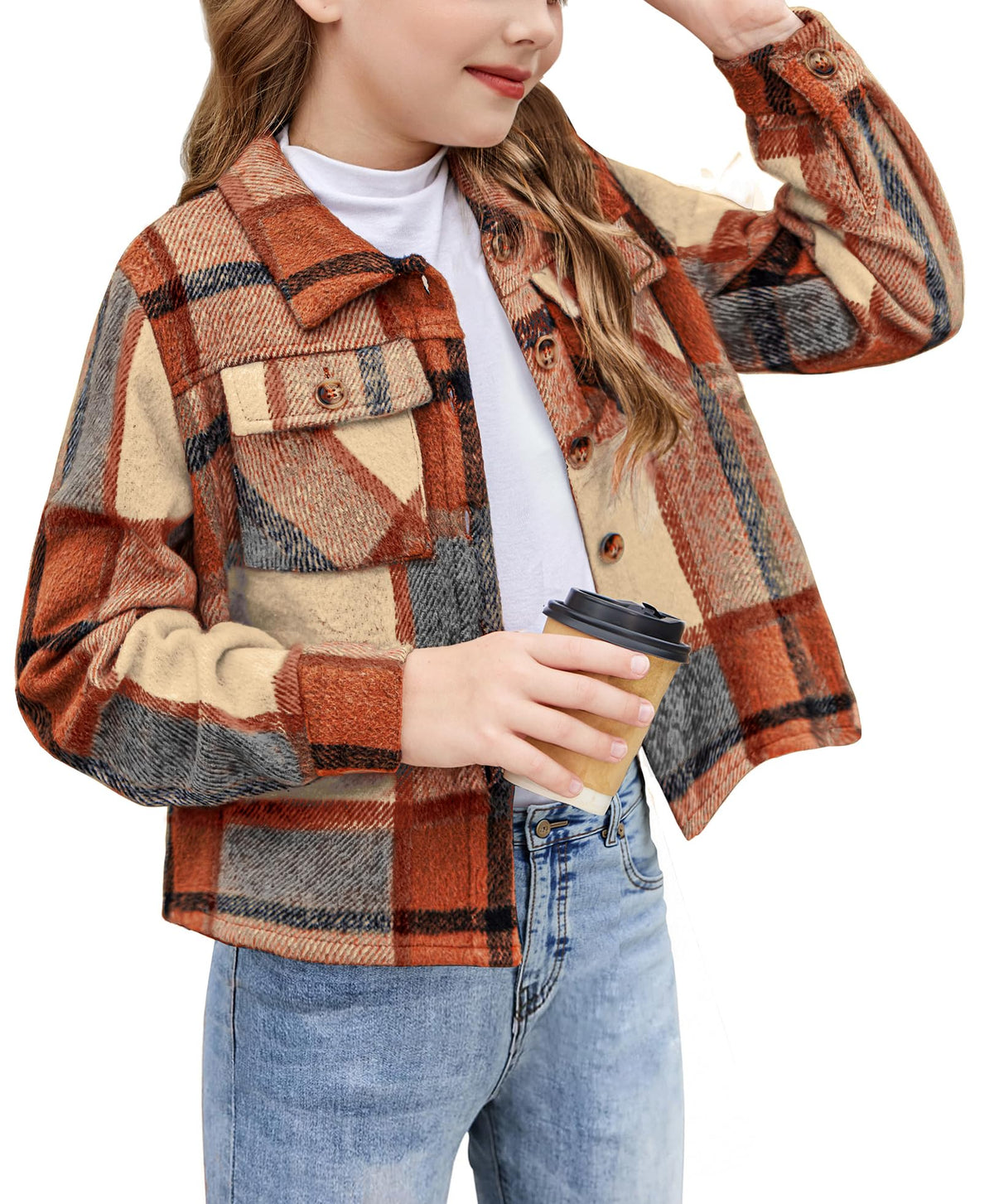 Arshiner Girls Flannel Fall Cropped Shacket Plaid Jacket Casual Coat