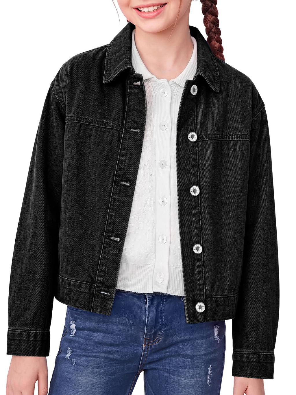 Haloumoning Girls Cropped Denim Jacket Front Button Collared Outerwear