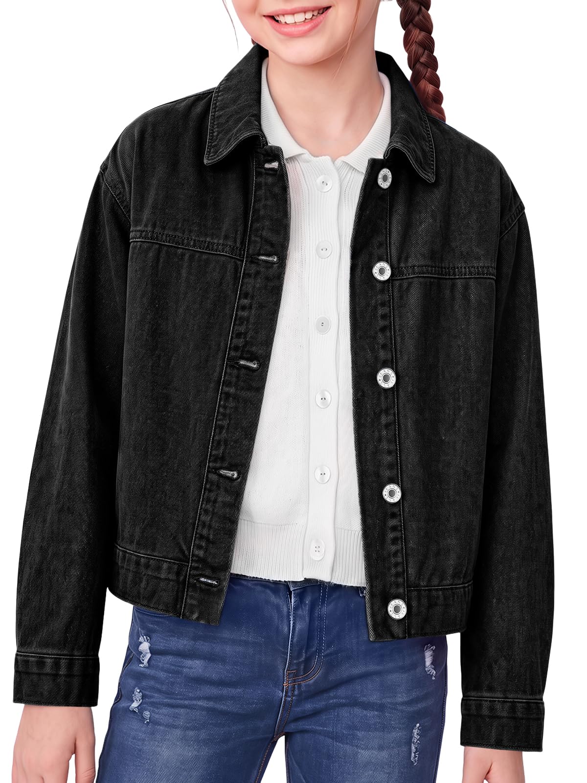 Haloumoning Girls Cropped Denim Jacket Front Button Collared Outerwear
