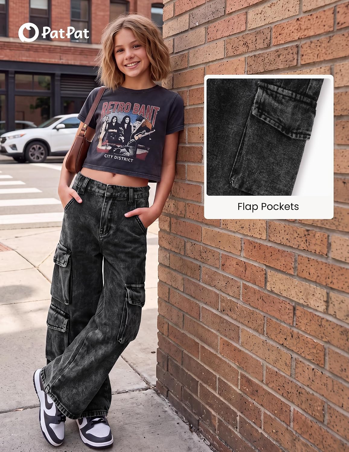 PATPAT Girls Baggy Cargo Jeans 5-14Y Elastic Waist Wide Leg Denim Pants