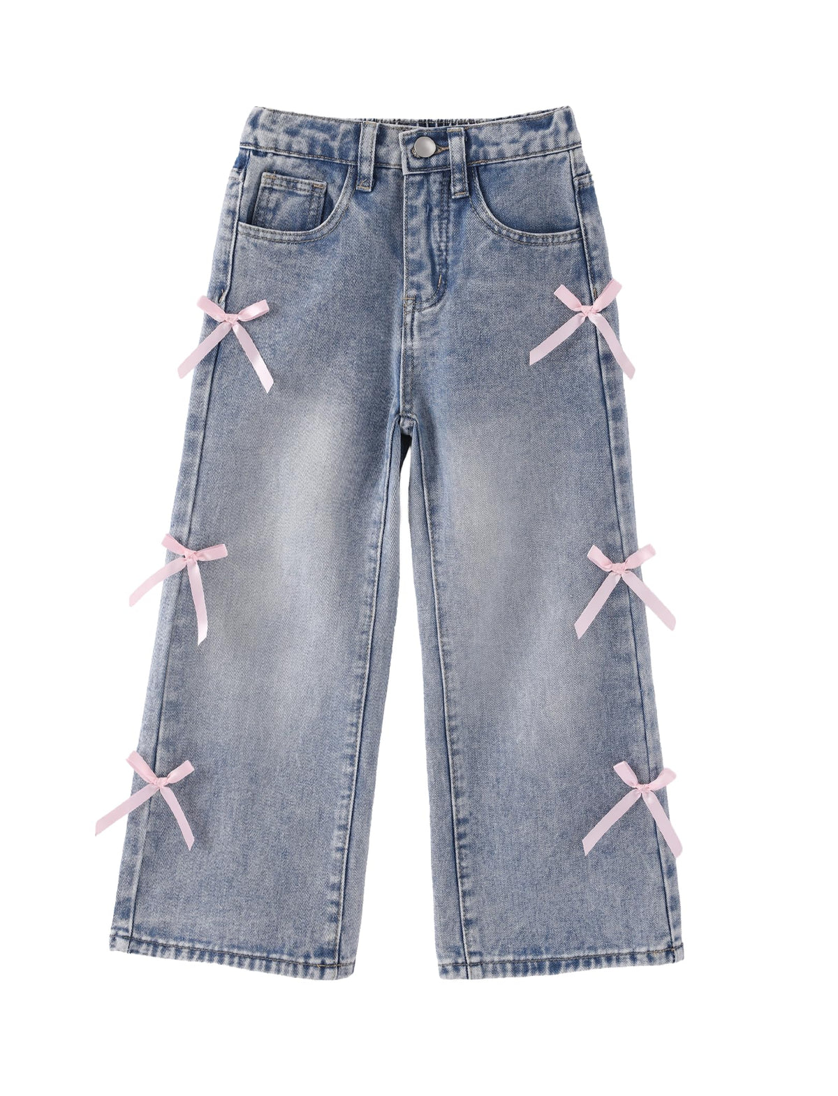 PATPAT Girls Bow Wide Leg Jeans, Cute Elastic Waist Denim Baggy Jeans 5-14Y