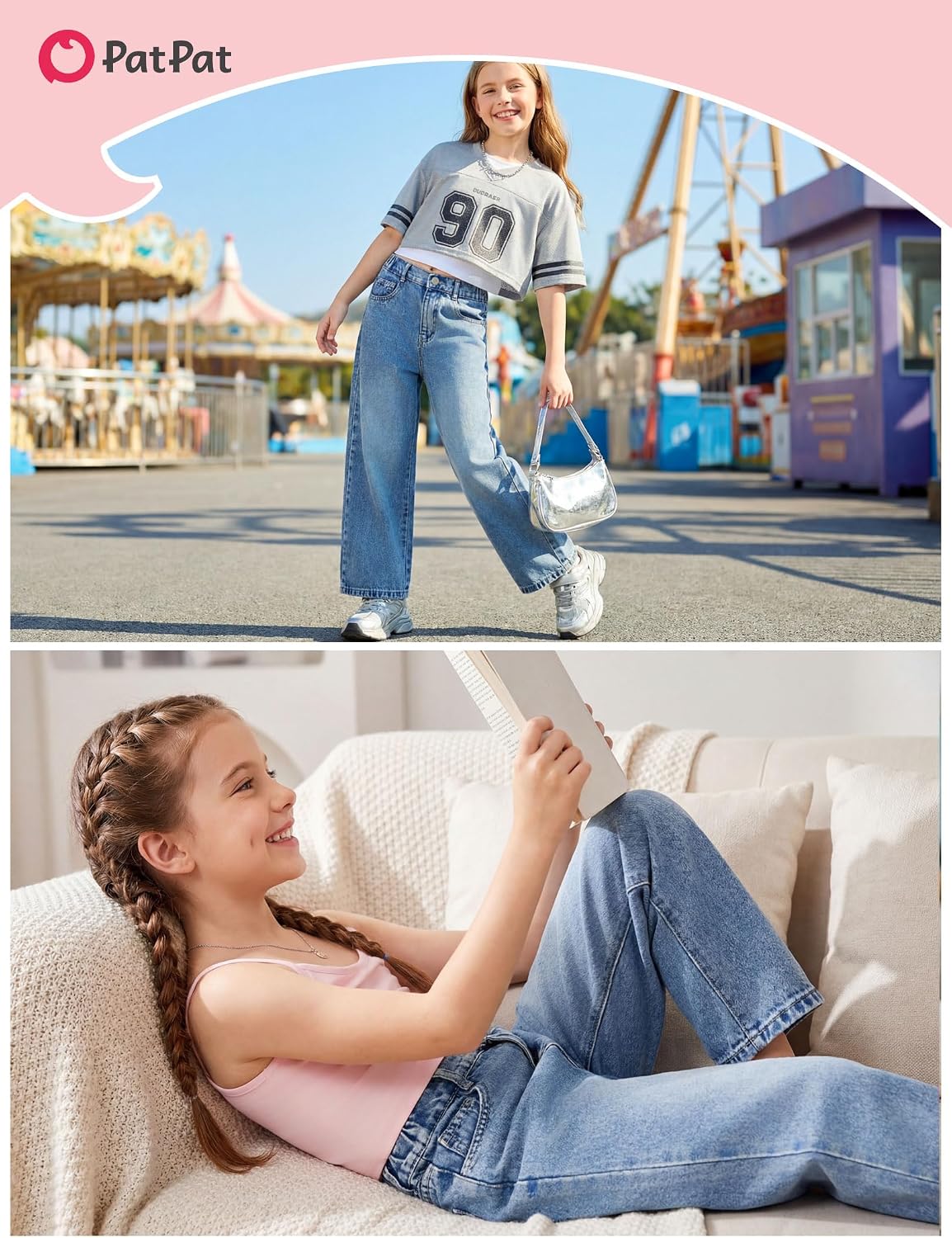 PATPAT Girls Baggy Wide Leg Jeans 5-14Y, Cute Bow Elastic Waist Denim Pants