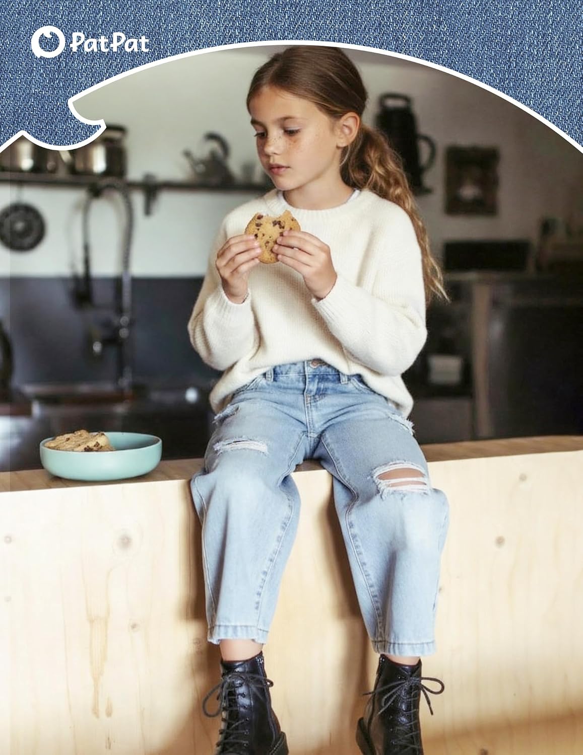 PATPAT Girls Baggy Ripped Jeans 5-14Y, Elastic Waist Wide Leg Denim Pants