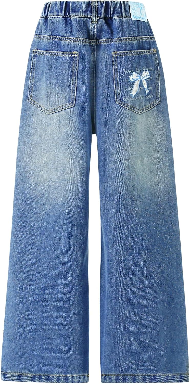 Girls Blue Elastic Waist Jeans Cute Bow Wide Leg Denim Pants