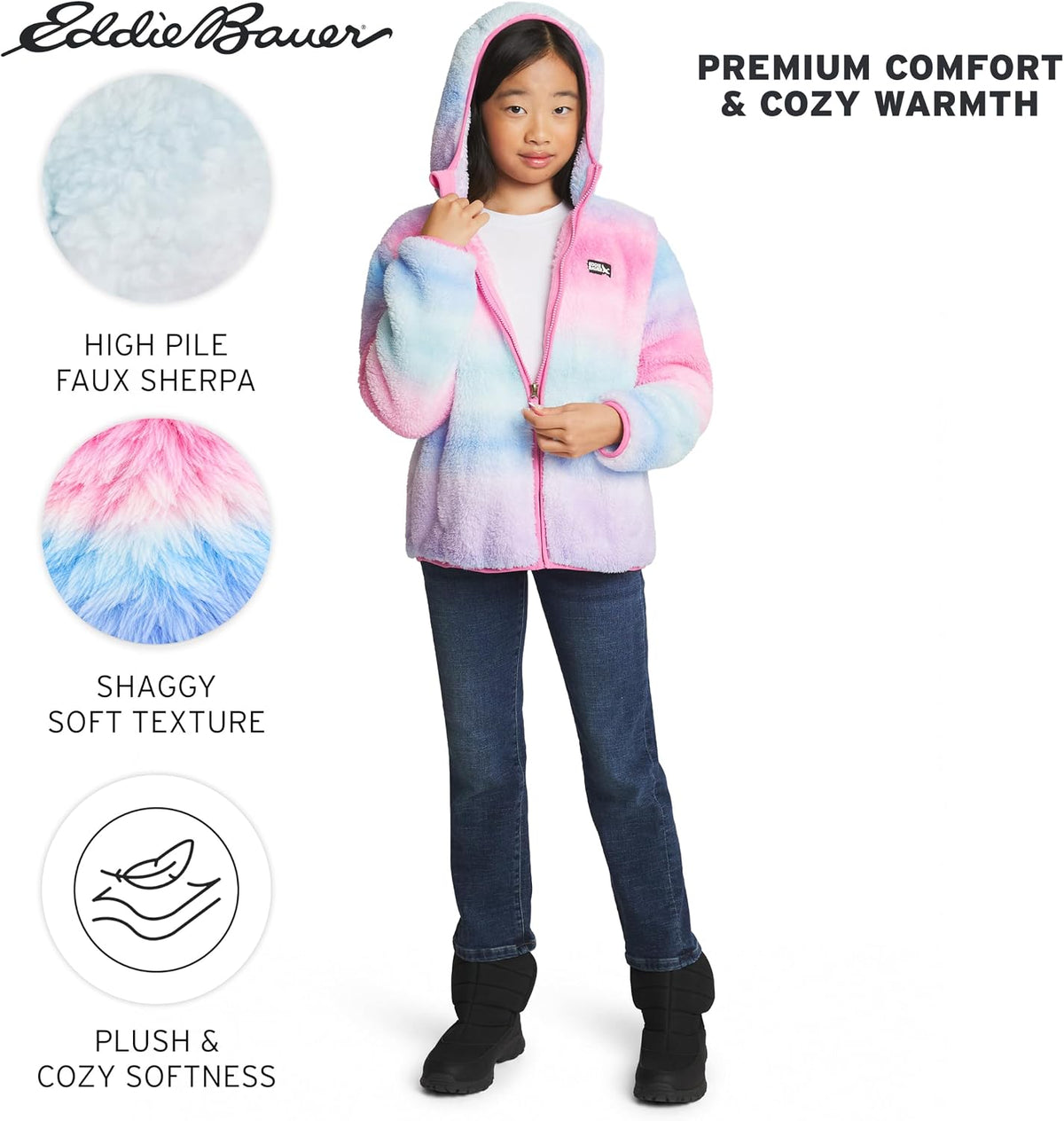 Eddie Bauer Girls' Quest Plush High Pile Faux Sherpa Hooded Jacket