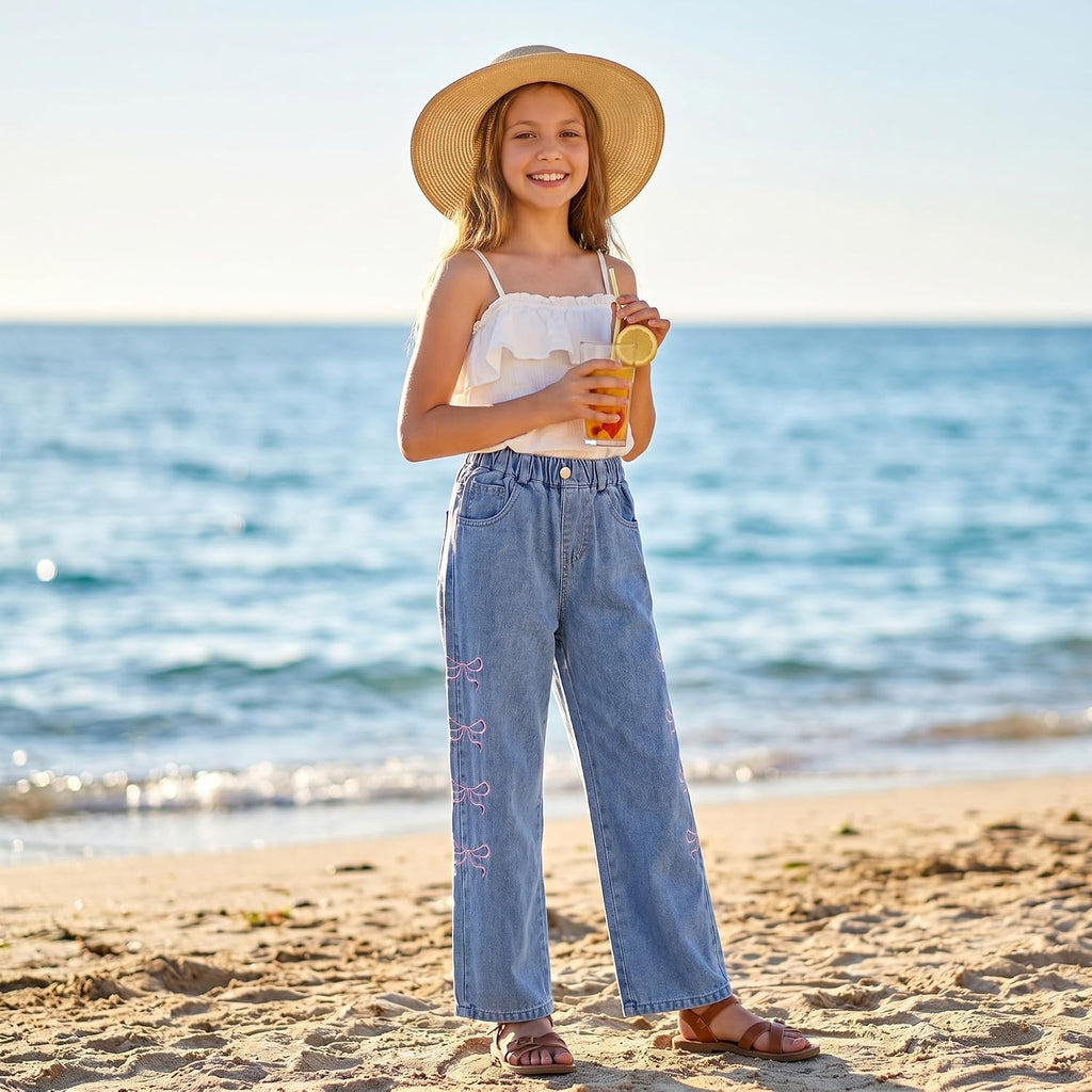 Jeans for Girls Wide Leg High Elastic Waisted School Outdoor Pants