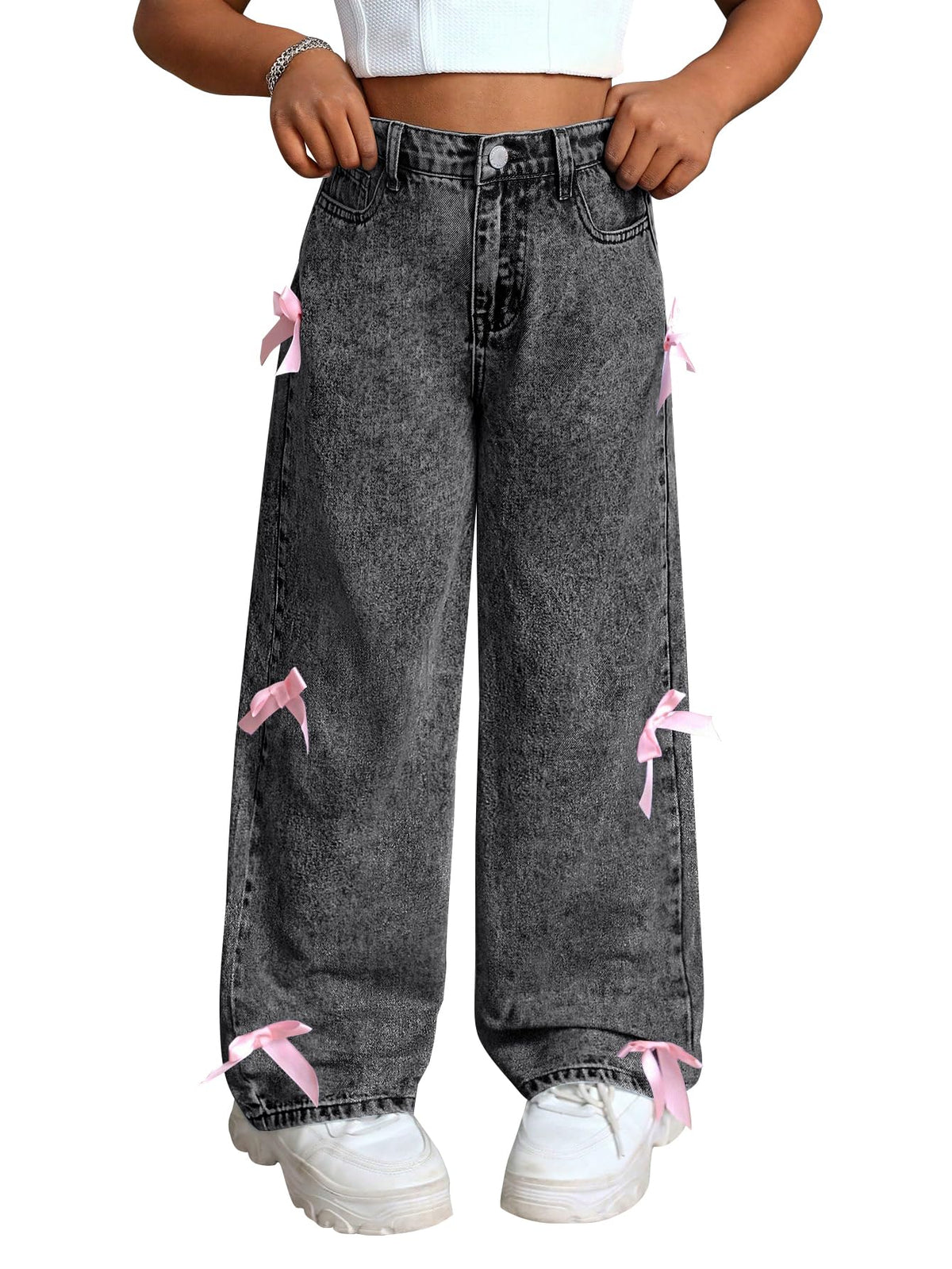 Baggy Jeans for Girls with Bow Wide Leg High Waist Denim Pants