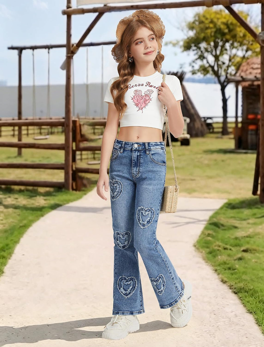 Girls Jeans Flare High Elastic Waist Denim Pants Bell Bottom Stretch Cute Y2K Streetwear with Pockets 7-14Y