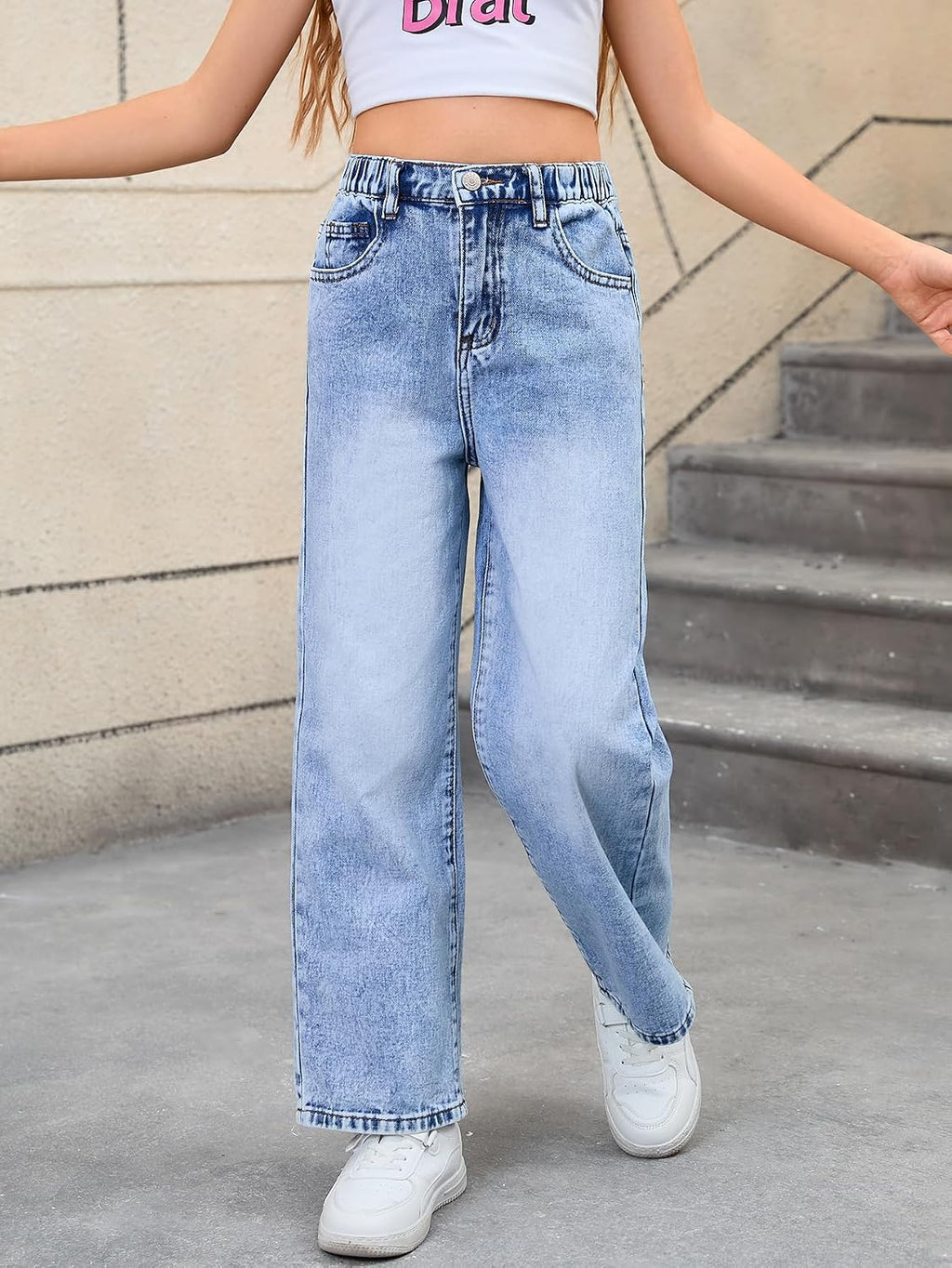 WDIRARA Girl's Bow Print Jeans Elastic High Waist Wide Leg Cute Denim Pants