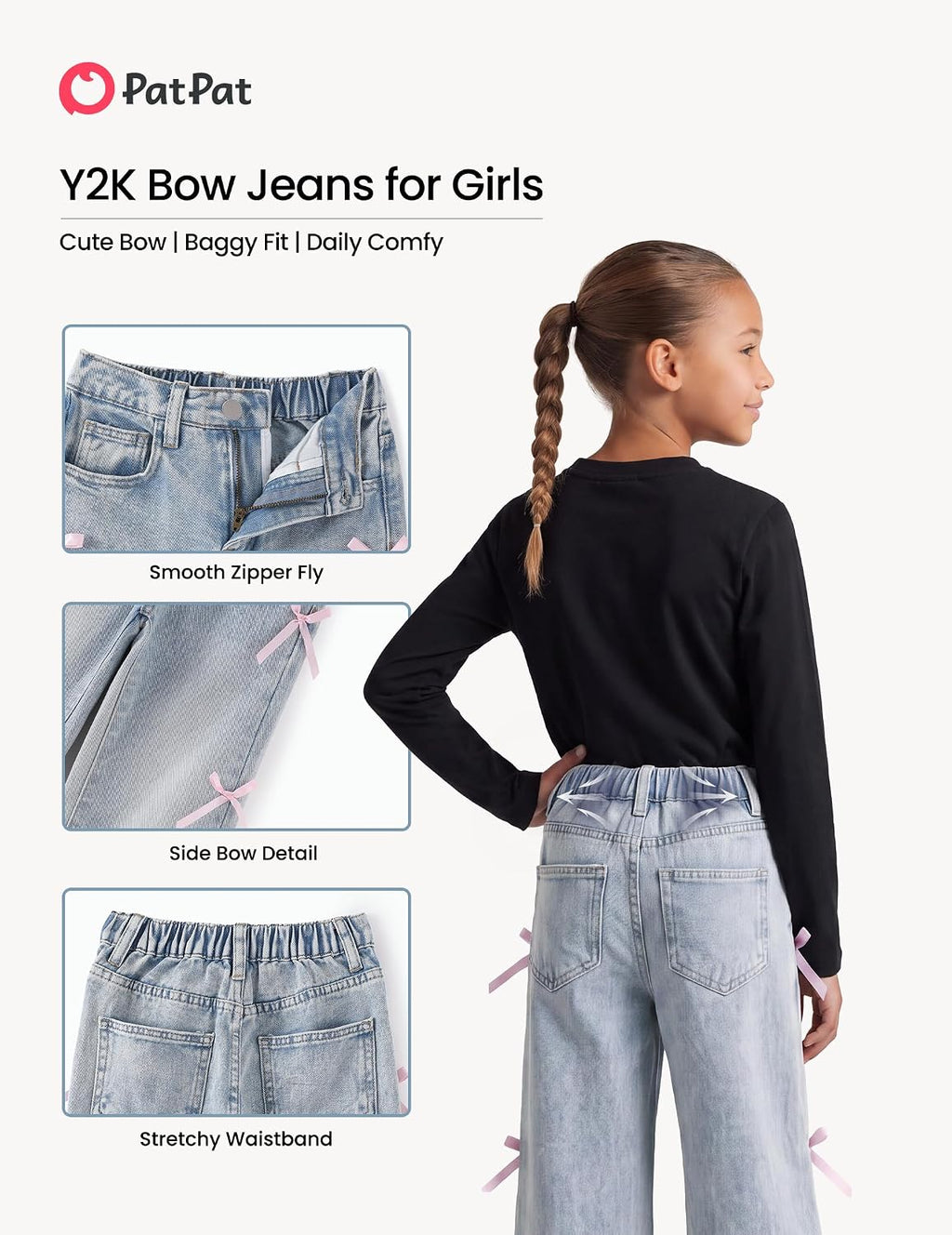 PATPAT Girls Bow Wide Leg Jeans, Cute Elastic Waist Denim Baggy Jeans 5-14Y