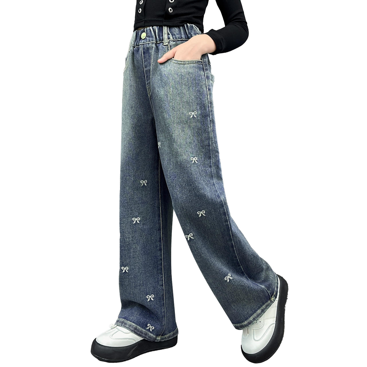 Rolanko Girls Jeans Denim Elastic Wasit Wide Leg Baggy Pants Kids Clothes 4-14 Years