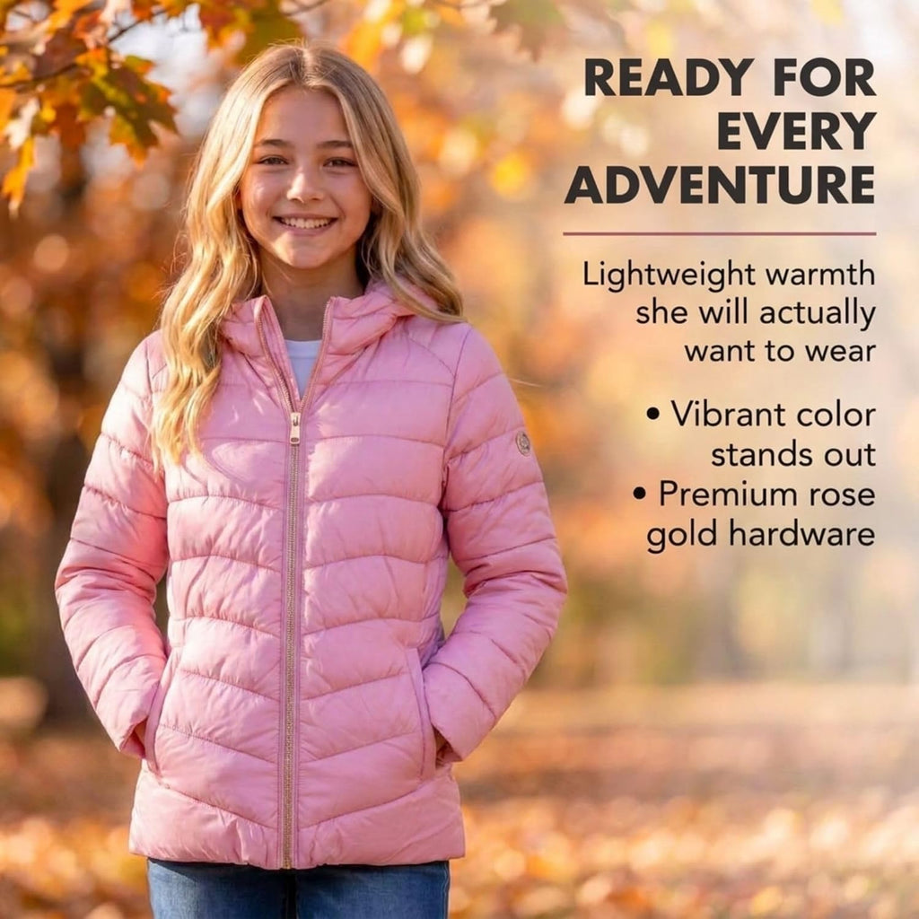 KENSIE GIRL Girls Puffer Jacket - Packable, Lightweight Winter Hooded Coat
