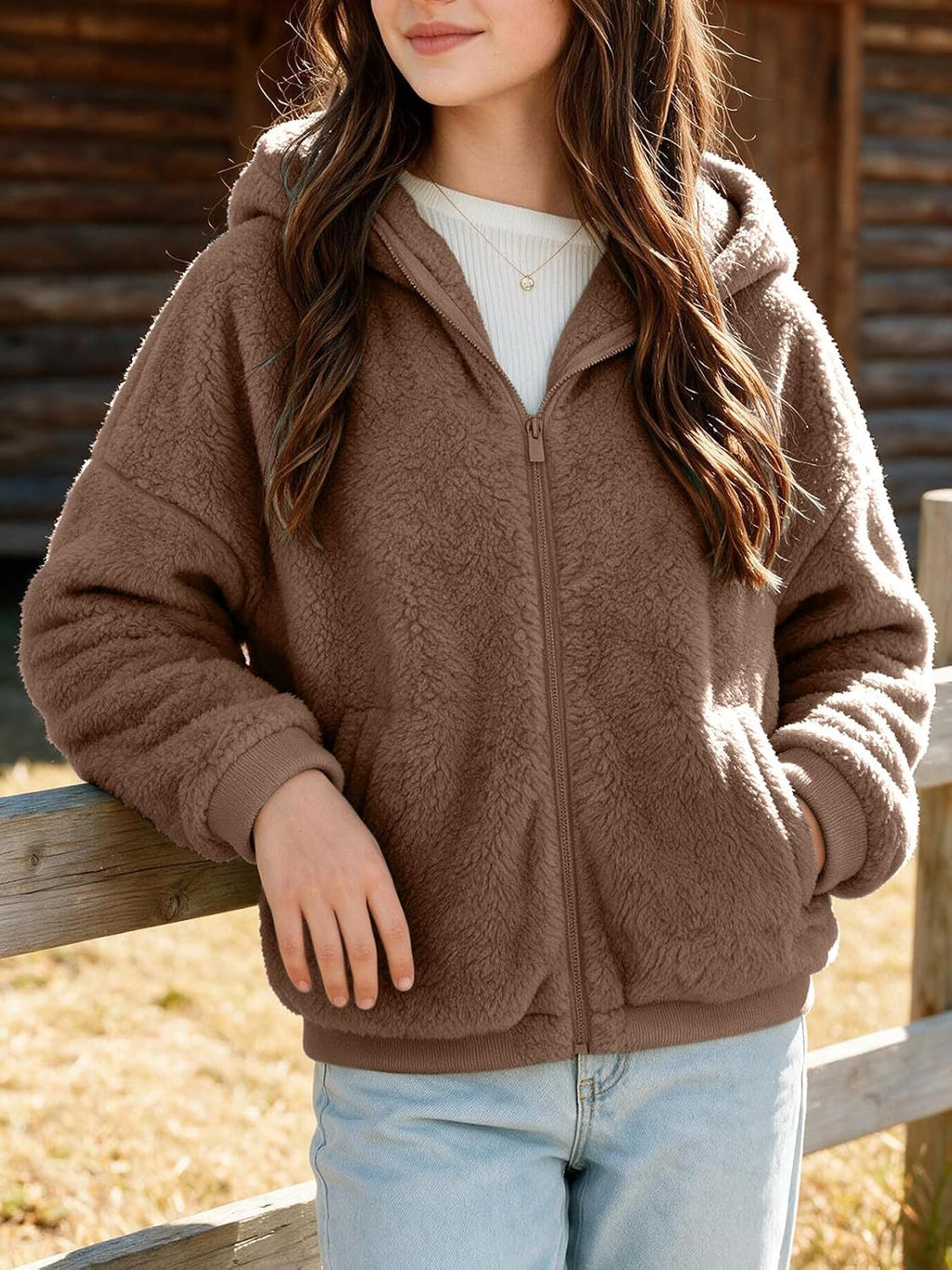 Putysenxi Girls Zip Up Fleece Jacket Stand Collar Sherpa Coat Kids Loose Fall Winter Soft Fuzzy Outerwear with Pockets