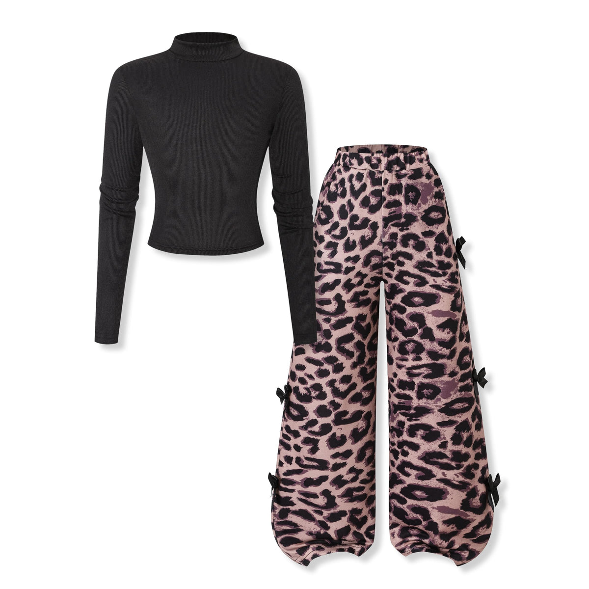 Tween Girl Clothes Mock Neck Long Sleeve Top & Bow Wide Leg Pants 2PCS Fall Winter Outfits Set 7-14Y