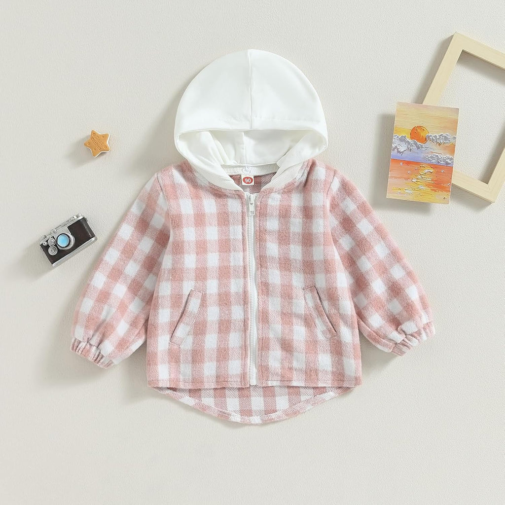 Douhoow Toddler Baby Plaid Jacket Baby Boy GIrl Flannel Hoodies Zip Up Hooded Fall Winter Outerwear Coat