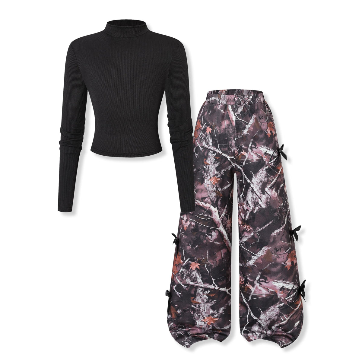 Tween Girl Clothes Mock Neck Long Sleeve Top & Bow Wide Leg Pants 2PCS Fall Winter Outfits Set 7-14Y