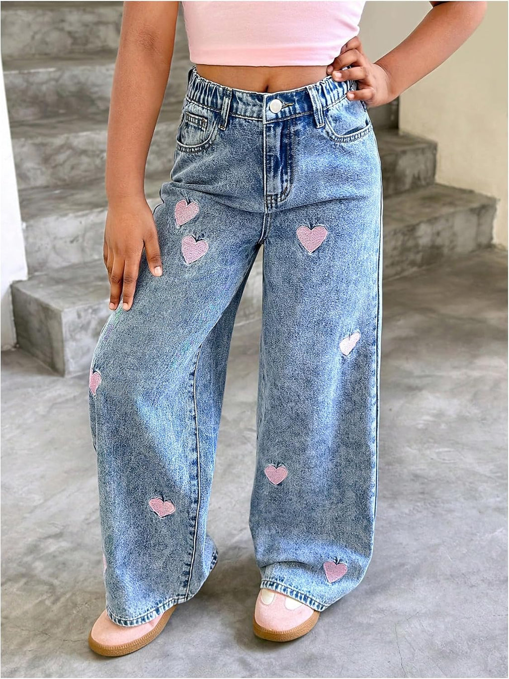 WDIRARA Girl's Heart Embroidered Jeans Elastic Wide Leg Denim Pants