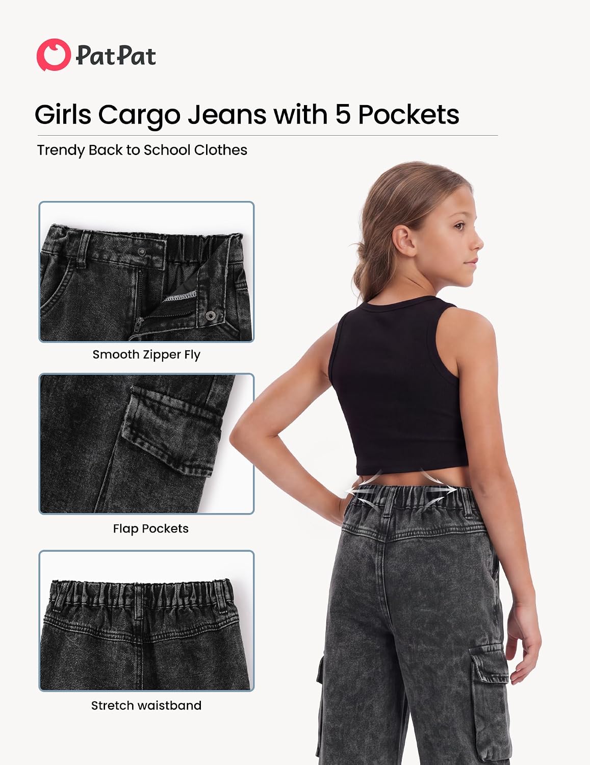 PATPAT Girls Baggy Cargo Jeans 5-14Y Elastic Waist Wide Leg Denim Pants