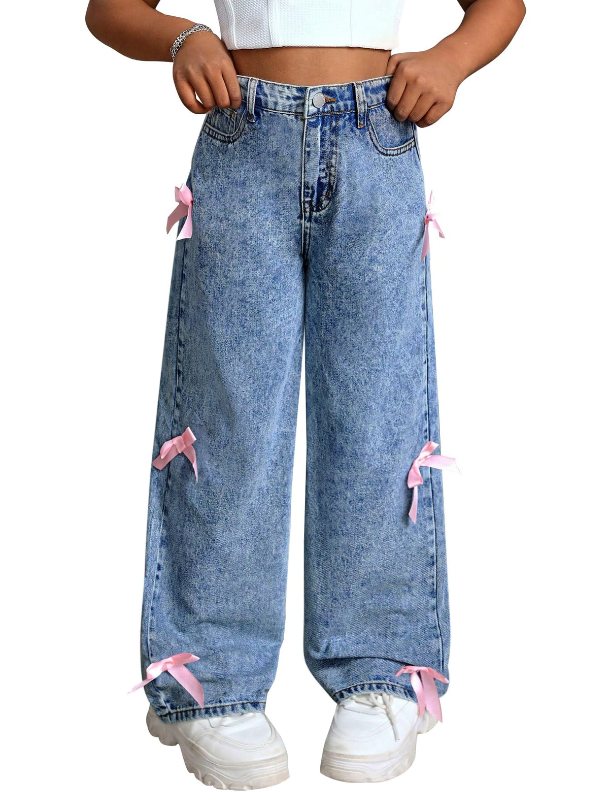Baggy Jeans for Girls with Bow Wide Leg High Waist Denim Pants