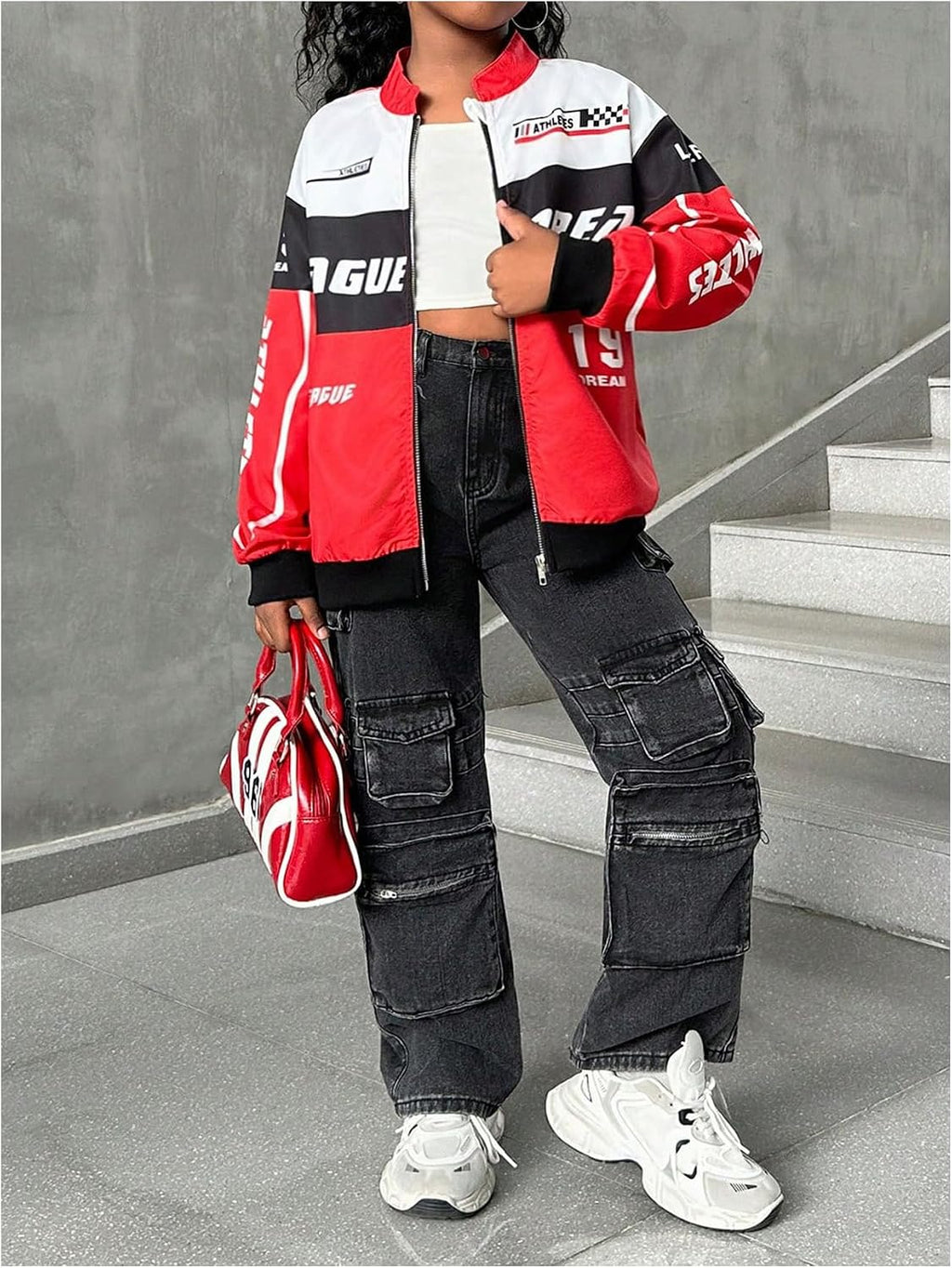 SOLY HUX Girl's Zip Up Bomber Jacket Y2k Racing Outerwear Streetwear