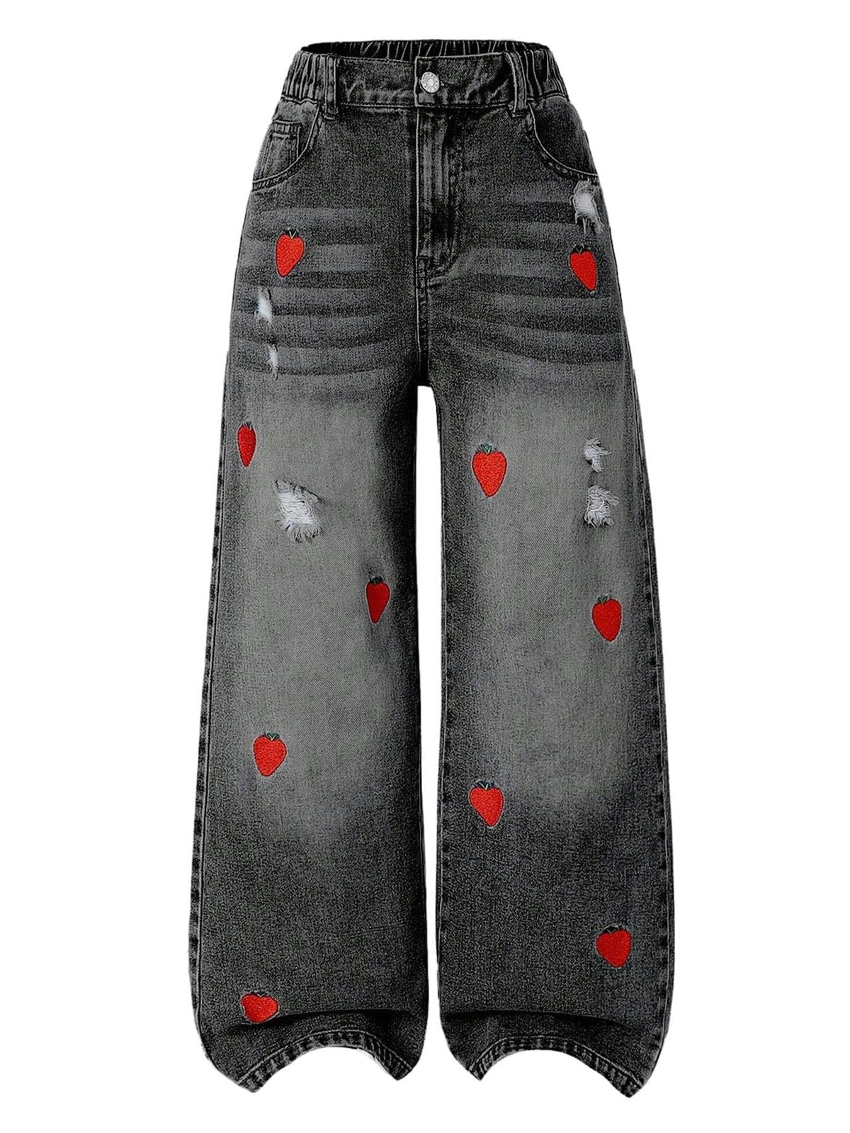 WDIRARA Girl's Heart Embroidered Jeans Elastic Wide Leg Denim Pants