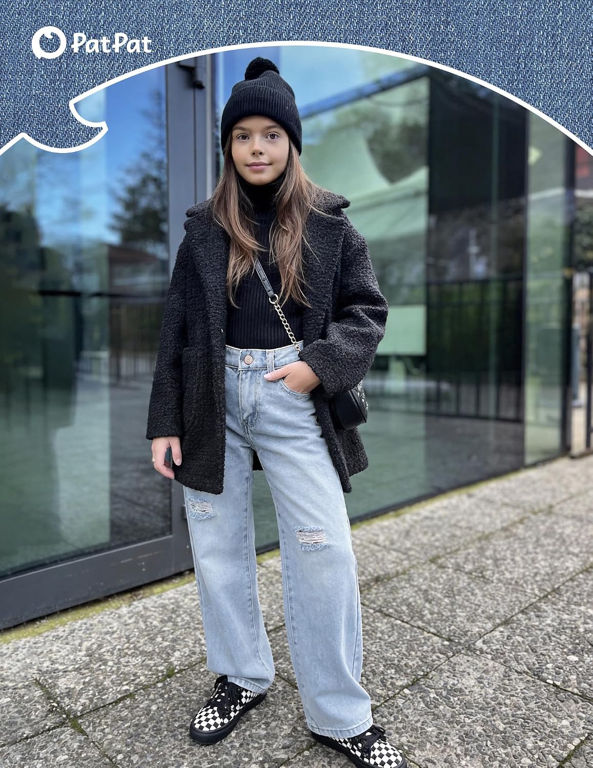 PATPAT Girls Baggy Ripped Jeans 5-14Y, Elastic Waist Wide Leg Denim Pants