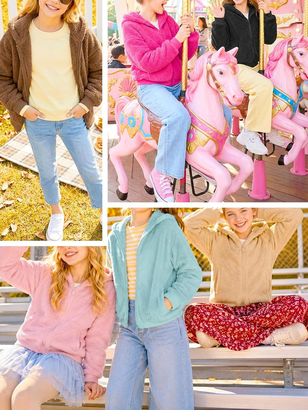Putysenxi Girls Zip Up Fleece Jacket Stand Collar Sherpa Coat Kids Loose Fall Winter Soft Fuzzy Outerwear with Pockets