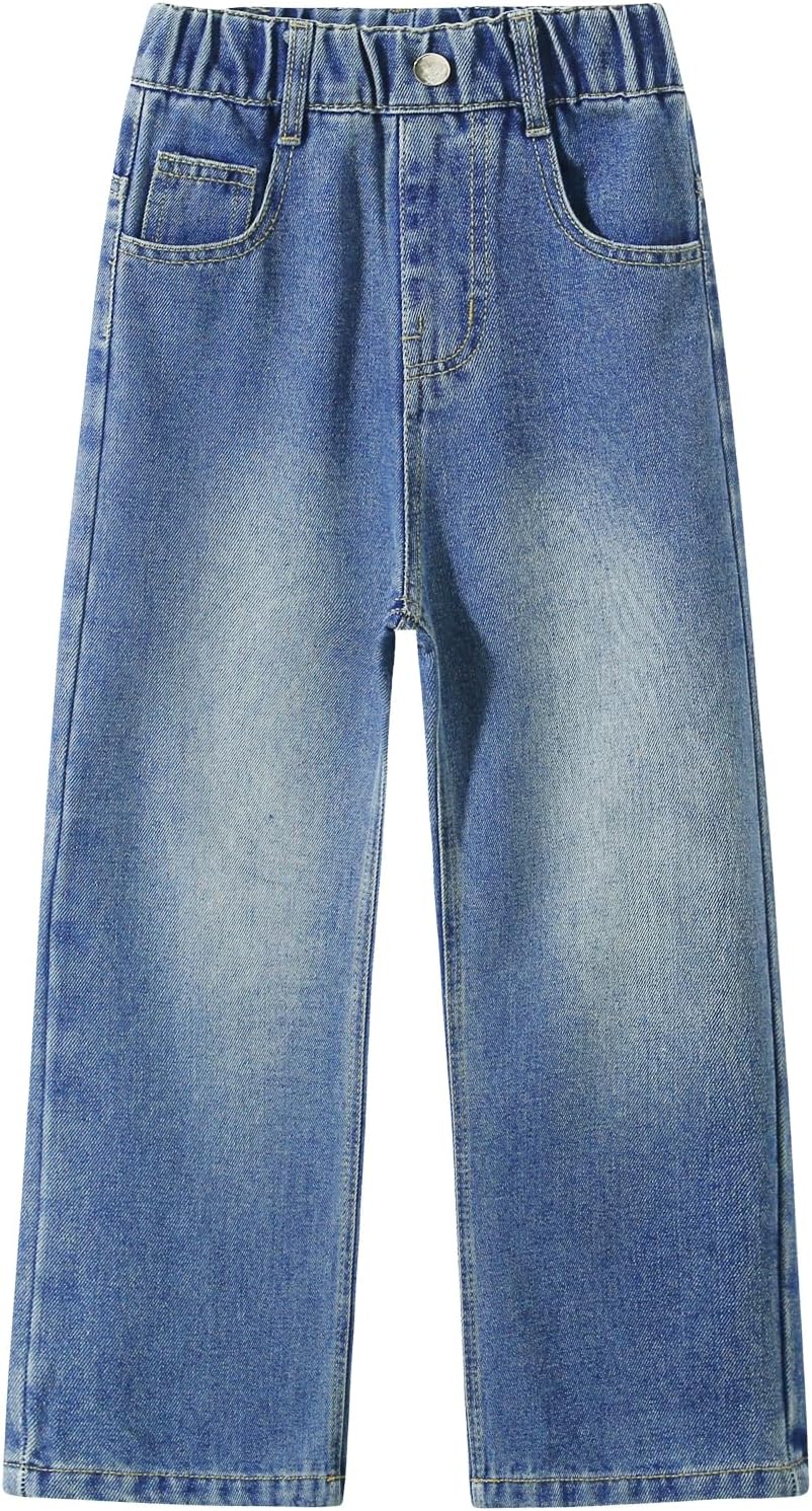 Girls Blue Elastic Waist Jeans Cute Bow Wide Leg Denim Pants
