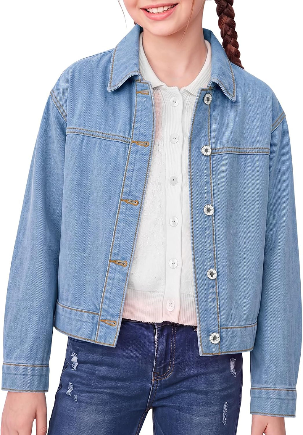 Haloumoning Girls Cropped Denim Jacket Front Button Collared Outerwear