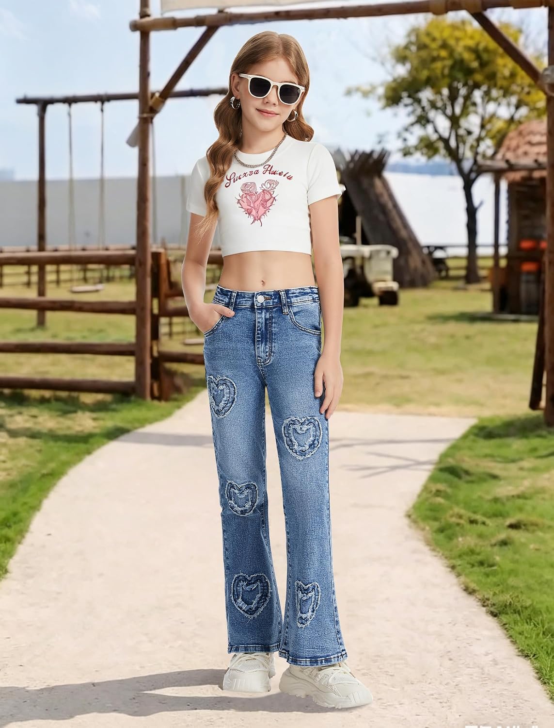 Girls Jeans Flare High Elastic Waist Denim Pants Bell Bottom Stretch Cute Y2K Streetwear with Pockets 7-14Y