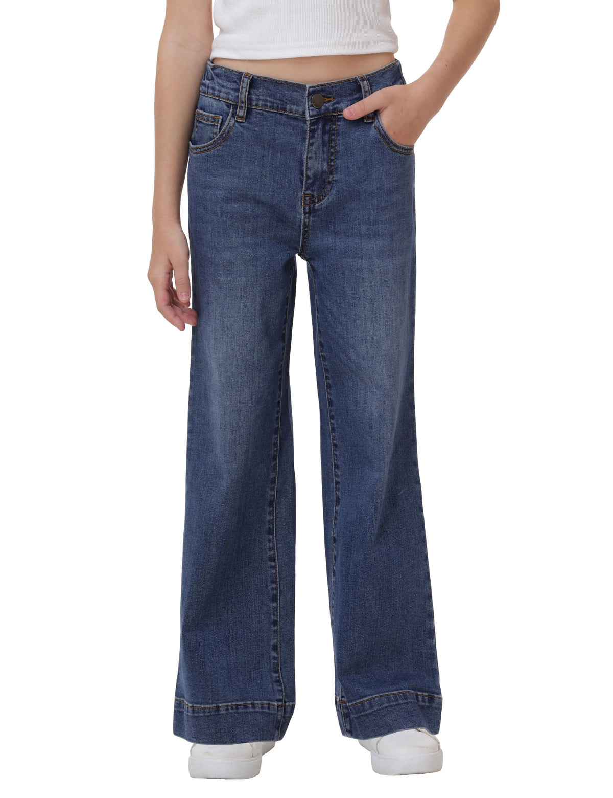 V VOCNI Girls Jeans Wide Leg Elastic Waist Stretch Denim Pants