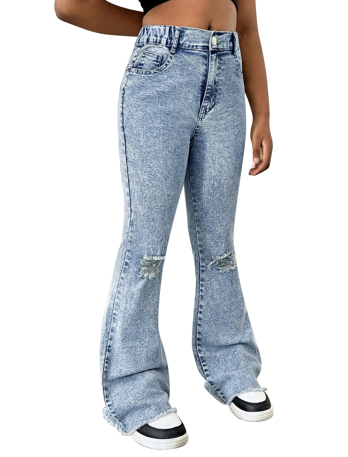 Girls Jeans Flare High Elastic Waist Denim Pants Bell Bottom Stretch Cute Y2K Streetwear with Pockets 7-14Y