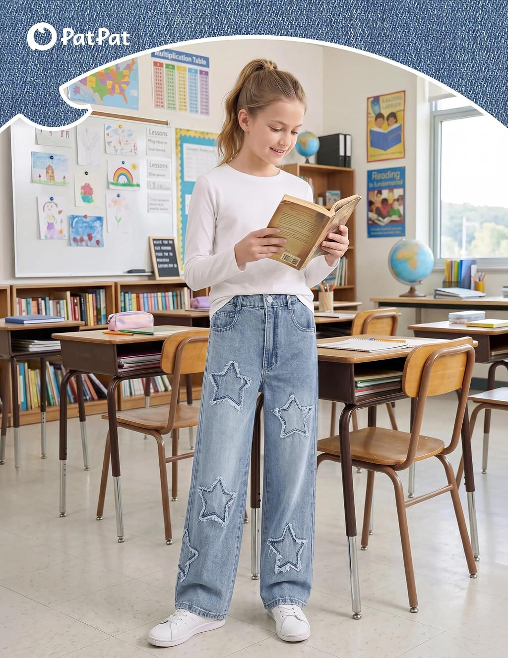 PATPAT Girls Jeans Baggy Wide Leg Cute Star/Heart Denim Pants 5-14 Years