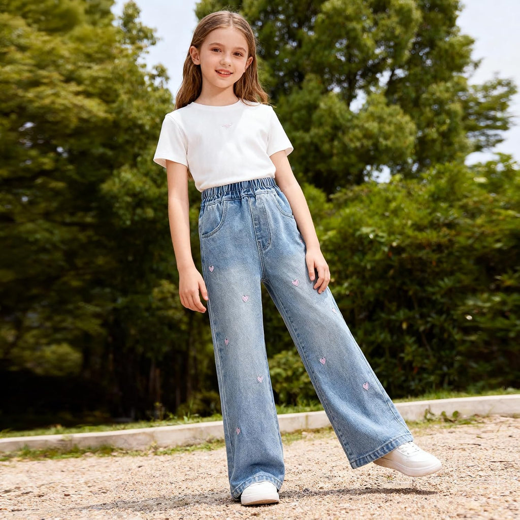 Girls Jeans Embroidery High Elastic Waist Denim Pants with Pockets Y2K Trendy Tween Streetwear 5-14 Years