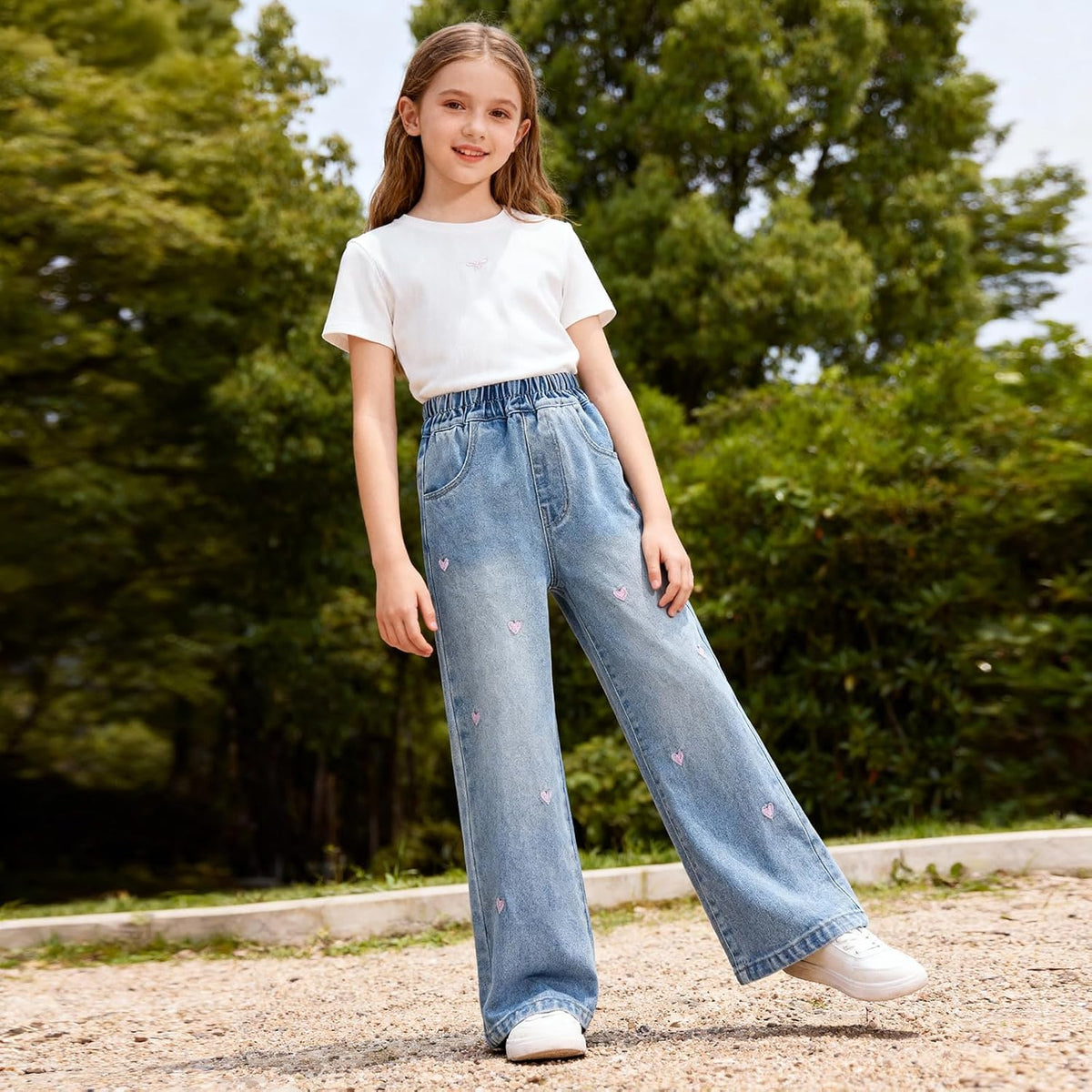 Girls Jeans Embroidery High Elastic Waist Denim Pants with Pockets Y2K Trendy Tween Streetwear 5-14 Years