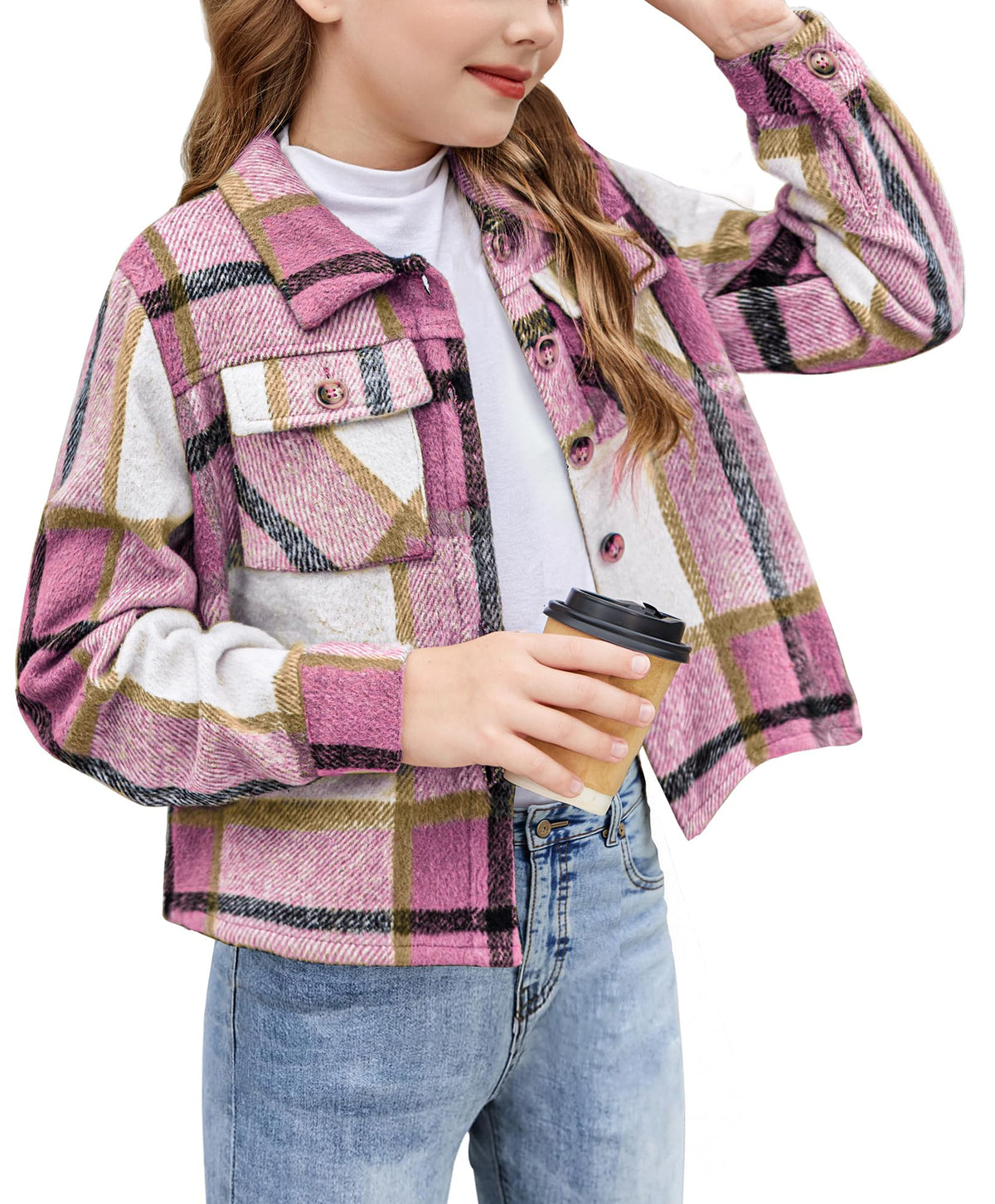 Arshiner Girls Flannel Fall Cropped Shacket Plaid Jacket Casual Coat