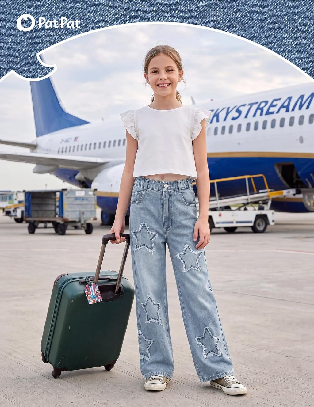 PATPAT Girls Jeans Baggy Wide Leg Cute Star/Heart Denim Pants 5-14 Years