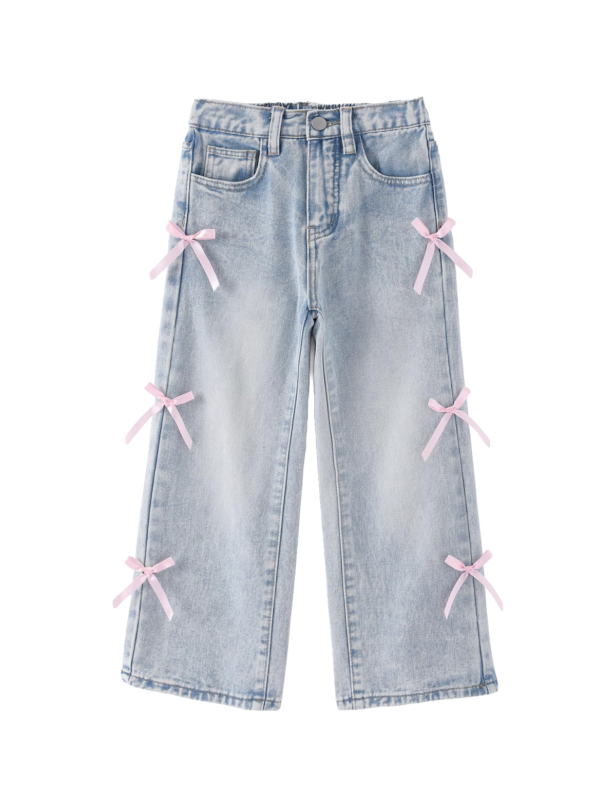 PATPAT Girls Bow Wide Leg Jeans, Cute Elastic Waist Denim Baggy Jeans 5-14Y