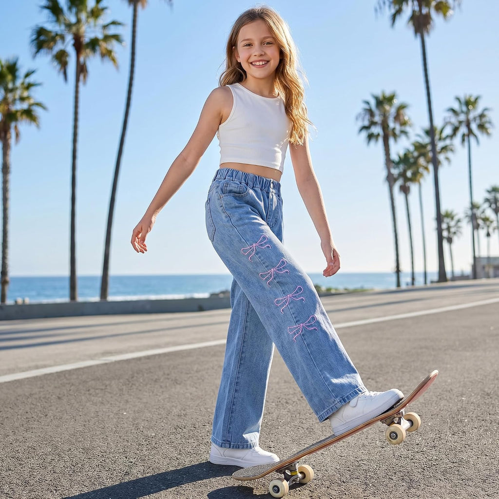 Jeans for Girls Wide Leg High Elastic Waisted School Outdoor Pants